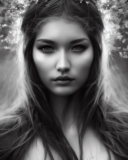 Image similar to intricate foliage beauty double exposure portrait, artstation, tony sart, photorealism, grayscale, otherworldly fantasy illustration, by artgerm