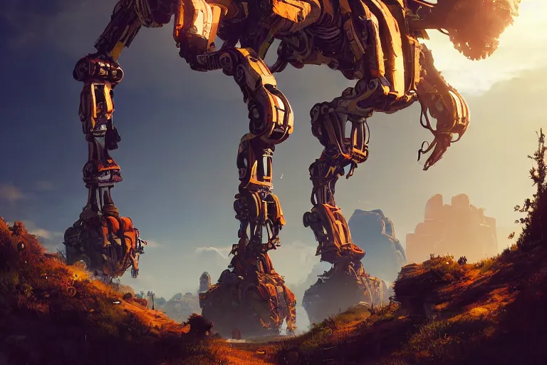 Image similar to tallneck machine mecanical creature robot of horizon forbidden west horizon zero dawn radiating a glowing aura global illumination ray tracing hdr fanart arstation by ian pesty and alena aenami artworks in 4 k