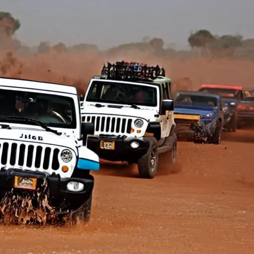 Prompt: a jeep racing aginst stampede in africa