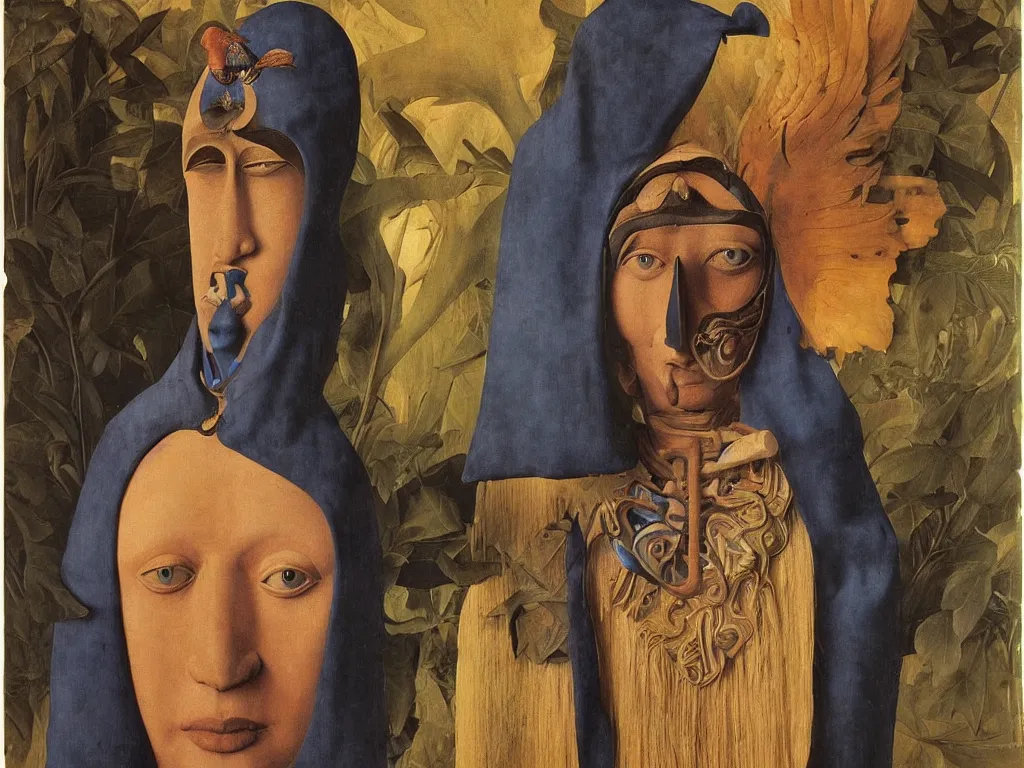 Image similar to portrait of albino mystic with blue eyes, with beautiful exotic, archaic, prehistoric, African mask, sculpture. Painting by Jan van Eyck, Audubon, Rene Magritte, Agnes Pelton, Max Ernst, Walton Ford