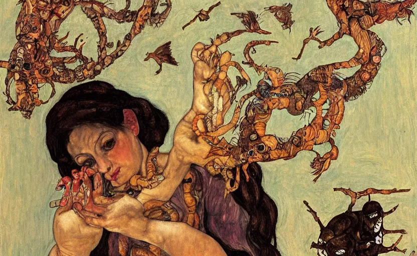 Prompt: a painting of pandora opening her jar, releasing monsters and critters that impersonate sickness and death, misery, she is fully dressed, in the style of realism and a masterpiece by artemisia gentileschi and egon schiele, critters flying around