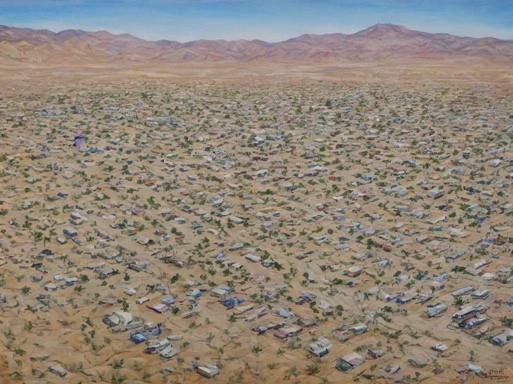 Image similar to landscape, bird view, large Trailer park in the desert near the oasis with a reservoir and rednecks, painting by Alison Elizabeth Taylor