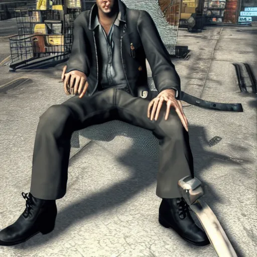 Image similar to nick valentine is sitting in a shopping cart, realism, stylization for fallout 4