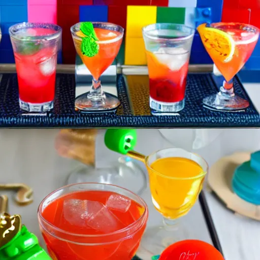 Prompt: a colorful lego - themed mixed drink, cookbook photo