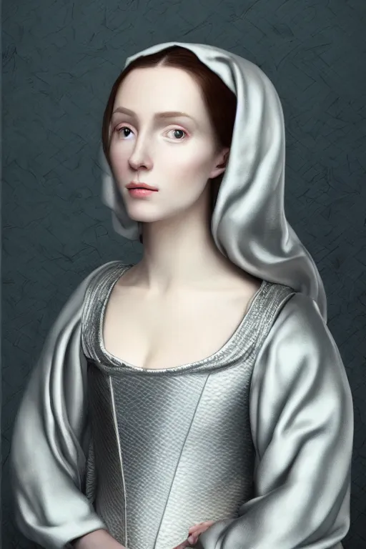 Prompt: hyper - realistic close - up portrait of a medieval woman merged with android, pale skin, dressed in a silver silk robe, classicism style