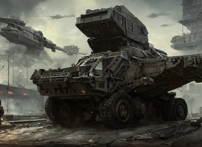 Image similar to A stryker armored vehicle as a call of duty loading screen, intricate, dystopian, sci-fi, extremely detailed, digital painting, artstation, concept art, smooth, sharp focus, illustration, intimidating lighting, incredible art by artgerm and greg rutkowski and alphonse mucha and simon stalenhag