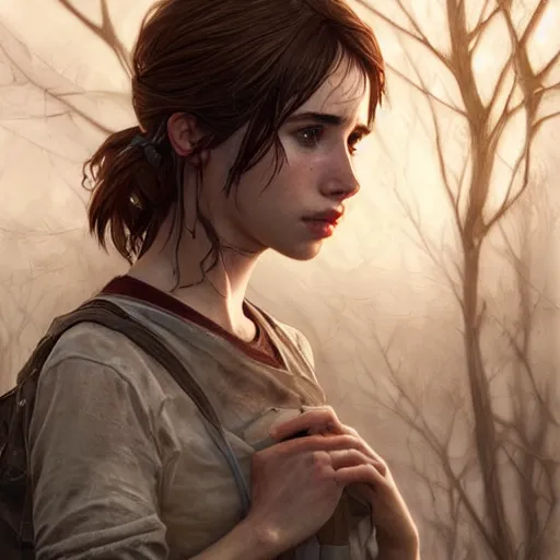 Image similar to ultra realistic illustration, emma roberts from last of us, intricate, elegant, highly detailed, digital painting, artstation, concept art, smooth, sharp focus, illustration, art by artgerm and greg rutkowski and alphonse mucha