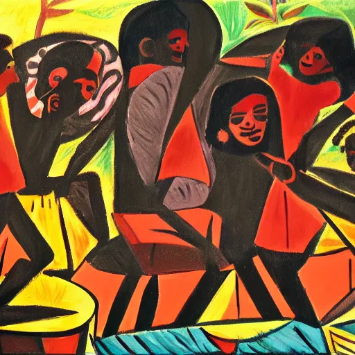 Prompt: black Kids dancing Around a campfire as a picasso painting