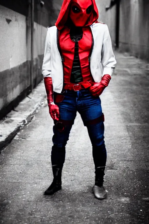 Image similar to red hood cosplay, creepy, disturbing, bloody, darkness, grainy, urban, jeans, white jacket, no eyes