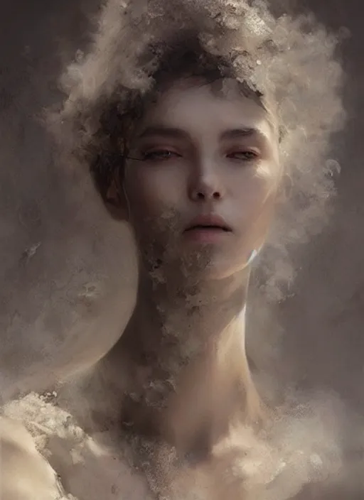 Image similar to portrait of beautiful woman dissolving, made of dust smoke ash, intricate, elegant, highly detailed, digital photography, art by artgerm ruan jia and greg rutkowski