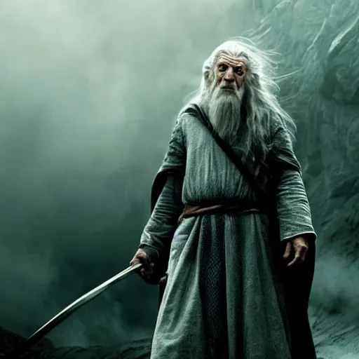 Image similar to messi as gandalf in a deleted scene from the lord of the rings fighting the balrog in the bridge, beautiful dynamic dramatic dark moody lighting, stunning shadows, octane render, foggy atmosphere, horror atmosphere,