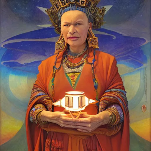 Image similar to queen of the dawn with her lantern and regalia, by donato giancola and nicholas roerich, and diego rivera, symbolist, tattoos, dramatic lighting, elaborate geometric ornament, art brut, god rays, soft cool colors, smooth, sharp focus, extremely detailed