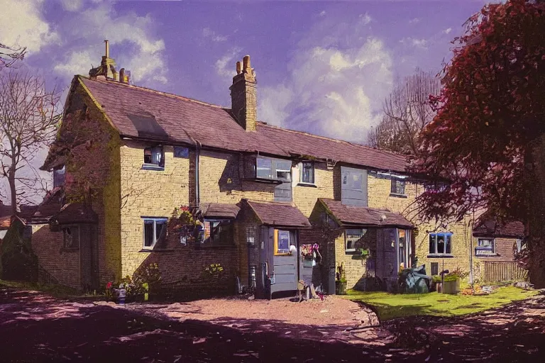 Prompt: cyberpunk, an estate agent listing photo, external view of a 5 bedroom detached countryside house in the UK, it's a sunny day, by Paul Lehr