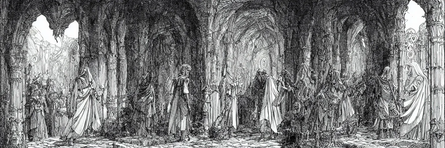Prompt: tunic link entering the labyrinth pen-and-ink illustration by Franklin Booth, fish eye lense