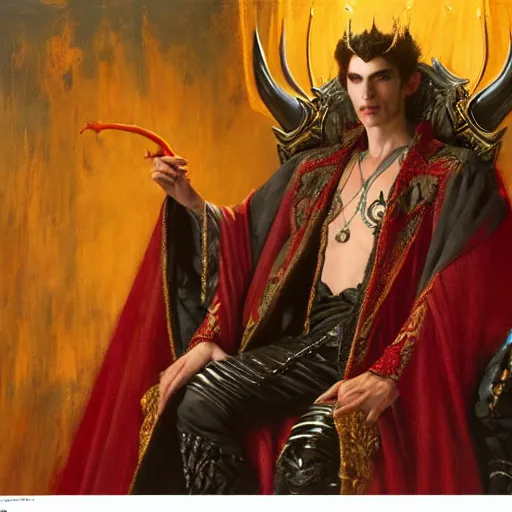 Image similar to perfectly centered portrait of attractive vampire king in a robe sitting on a throne of bones, highly detailed painting by gaston bussiere, craig mullins, j. c. leyendecker, 8 k