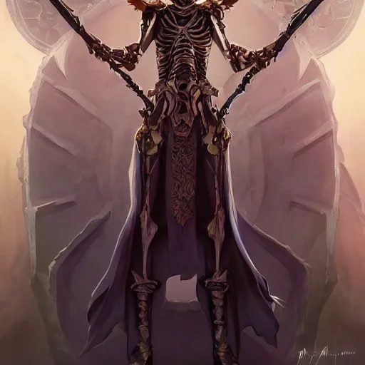 Image similar to Tall skeleton overlord, covered with royal robes, magic caster, wide shoulders, evil aura, full body shot, digital pencil art, fantasy, isekai, art by artgerm and greg rutkowski and alphonse mucha