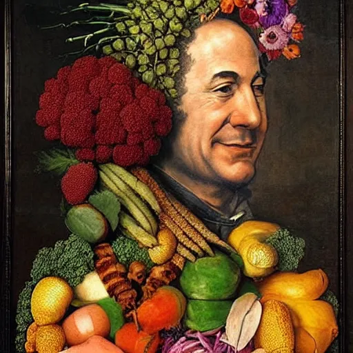 Prompt: portrait of benjamin netanyahu made of fruits vegetables and flowers, by giuseppe arcimboldo