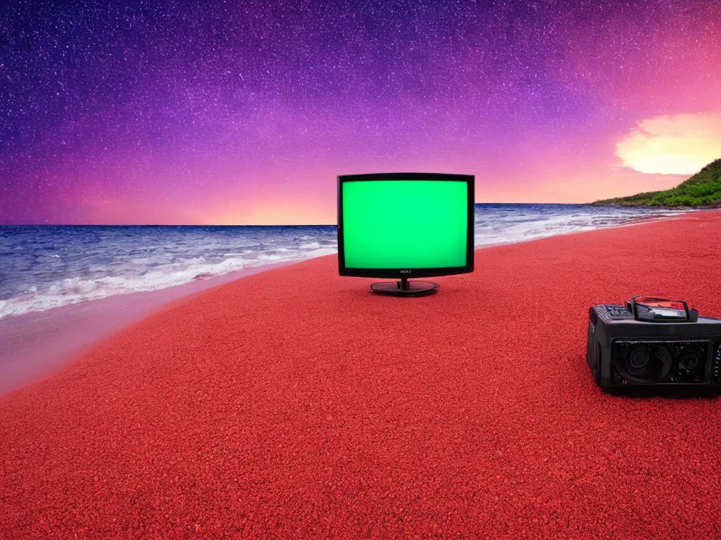 Image similar to purple television, red sand beach, green ocean, nebula sunset