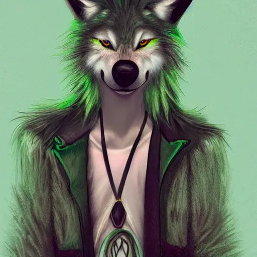 Prompt: Beautiful digital painting, anthro anthropomorphic pastel-green androgynous wolf, Punk outfit. lake