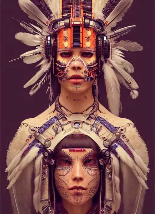 Image similar to portrait of a cyberpunk machine, machine face, upper half portrait, decorated with feathers, native american, fine china, traditional chinese art, intricate, elegant, highly detailed, headpiece, digital painting, artstation, concept art, smooth, sharp focus, illustration, art by artgerm and greg rutkowski and alphonse mucha, 8 k