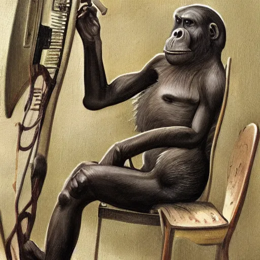 Prompt: Ape using steam computer in ancient time, more computer, less ape, highly detailed, highly realistic, artstation, by Hans Giger