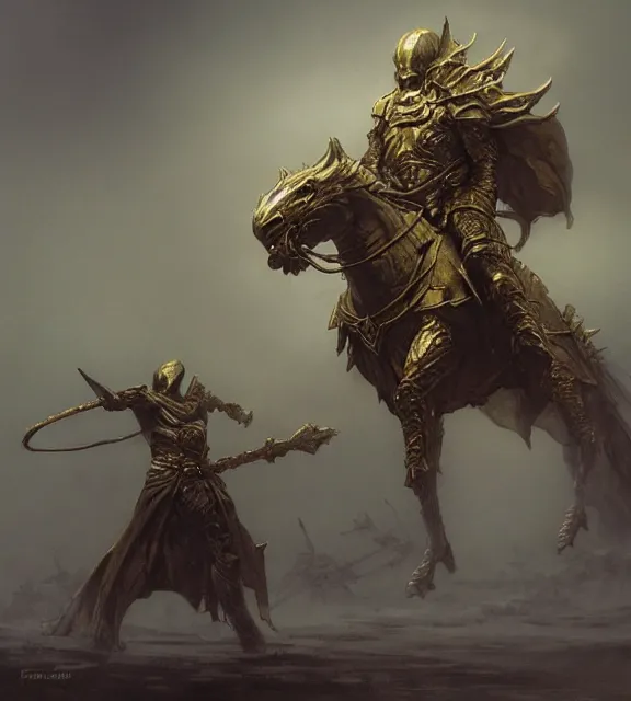 Image similar to golden cavalry concept, beksinski, age of sigma art, frank franzetta, ruan jia, dark soul armor concept, trending on artstation, wayne barlowe, adrian smith fantasy art, elden ring art, the hobbit art, lord of the ring art, infinity blade armor