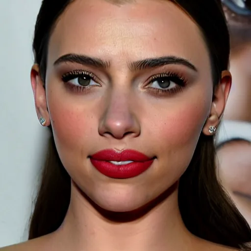 Image similar to a woman who is a genetic combination of kim kardashian and kat dennings and scarlett johansson and margot robbie and emma watson, face and upper - body focus, detailed eyes