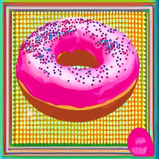 Prompt: strawberry frosted donut with sprinkles, pop art, album cover, shadow,