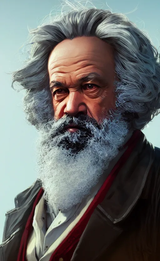 Image similar to highly detailed portrait of karl marx in gta v, stephen bliss, unreal engine, fantasy art by greg rutkowski, loish, rhads, ferdinand knab, makoto shinkai and lois van baarle, ilya kuvshinov, rossdraws, tom bagshaw, global illumination, radiant light, detailed and intricate environment, space, moon, blue