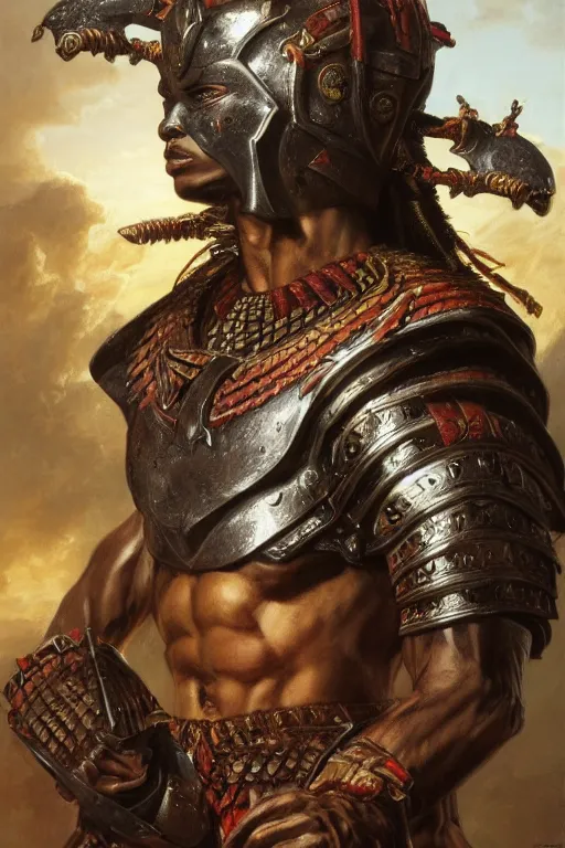 Image similar to a powerful and muscular make african warrior , half body portrait, ornate armour, realistic oil painting by Thomas Cole and Wayne Barlowe