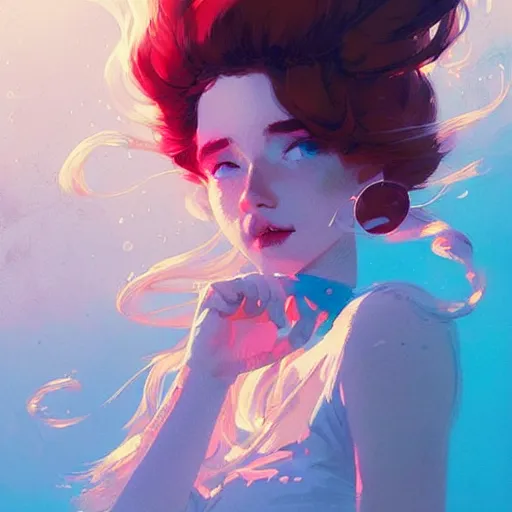 Image similar to beautiful artistic - wave highly detailed portrait female, long red hair, in a music festival, by atey ghailan, by greg rutkowski, by greg tocchini, by james gilleard, by joe fenton, by kaethe butcher, dynamic lighting, gradient light blue, brown, blonde cream and white color scheme, grunge aesthetic