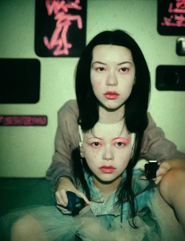 Image similar to portrait school girl with black hair and a strong grange makeup sitting on a floor in a subway, neon light, wide angle coloured polaroid photograph with flash, kodak film stock, hyper real, stunning moody cinematography, with anamorphic lenses, by maripol, fallen angels by wong kar - wai, style of suspiria and neon demon, detailed