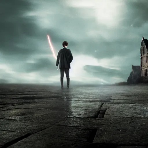 Image similar to Harry potter standing and holding a short wand, yellow light spell, side view, daniel radcliffe, thunderclouds, cinematic shot, wide shot, epic scale, photorealistic detail and quality, intricate cobblestone, magical special effects, movie still, nighttime, crescent moon, sharp and clear, action shot, intense scene, visually coherent, symmetry, rule of thirds, movement, photorealistic colors, cool colors transitioning to warm colors, modest tone, award winning, directed by Steven Spielberg, Christopher Nolan, Tooth Wu, Asher Duran, artstation