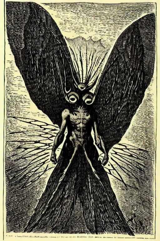 Image similar to mothman, as a demon from the dictionarre infernal, pen - and - ink illustration, etching by louis le breton, 1 8 6 9, 1 2 0 0 dpi scan, ultrasharp detail, hq scan, intricate details, stylized border