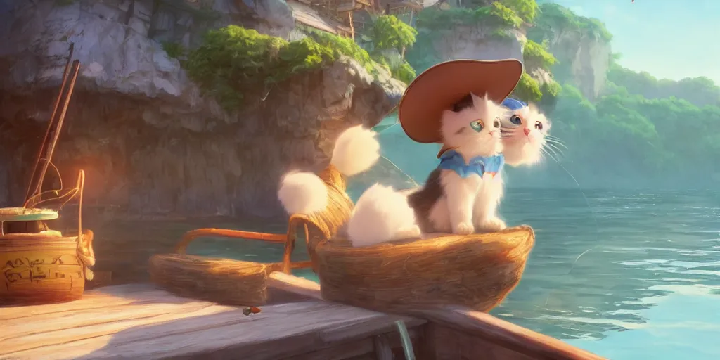 Image similar to a wholesome animation key shot of a cute cat on a fishing boat wearing a sunhat, studio ghibli, pixar and disney animation, sharp, rendered in unreal engine 5, anime key art by greg rutkowski, bloom, dramatic, dynamic lighting