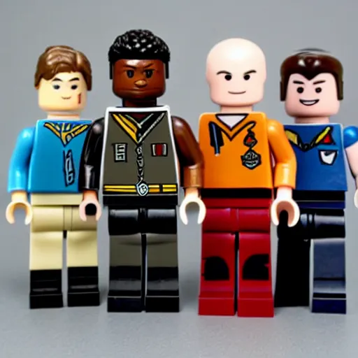 Prompt: Captain Picard, Commander Riker, Data, Geordi Lego figurine, Starfleet uniform