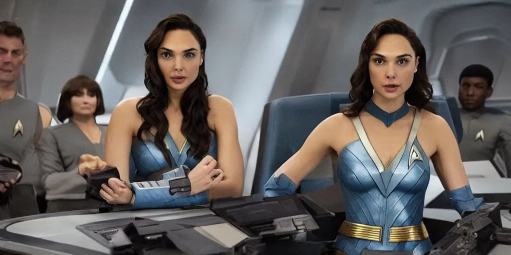 Image similar to gal gadot, in full starfleet uniform, is the captain of the starship enterprise in the new star trek movie