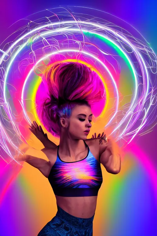 Image similar to a award winning half body portrait of a beautiful woman with stunning eyes in a croptop and leggings with rainbow colored ombre hairstyle head in motion and hair flying while dancing by thomas danthony, surrounded by whirling illuminated lines, outrun, vaporware, shaded flat illustration, digital art, trending on artstation, highly detailed, fine detail, intricate