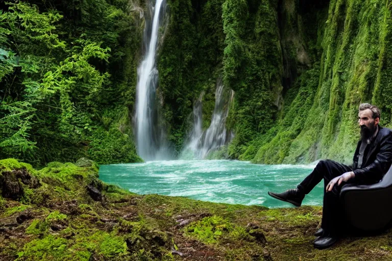 Prompt: movie closeup young man with a grey beard in a cyberpunk suit sitting on a futuristic chair at the edge of a jungle waterfall by emmanuel lubezki