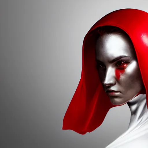 Image similar to headshot of an beautiful female soldier in glossy sleek white armor with tiny red details and a long red cape, downward angle, determined expression, on the surface of mars, night time, dramatic lighting, cinematic, sci-fi, hyperrealistic