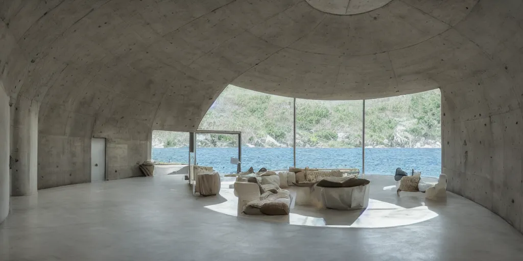 Image similar to interior of a home that is an undersea concrete dome with windows