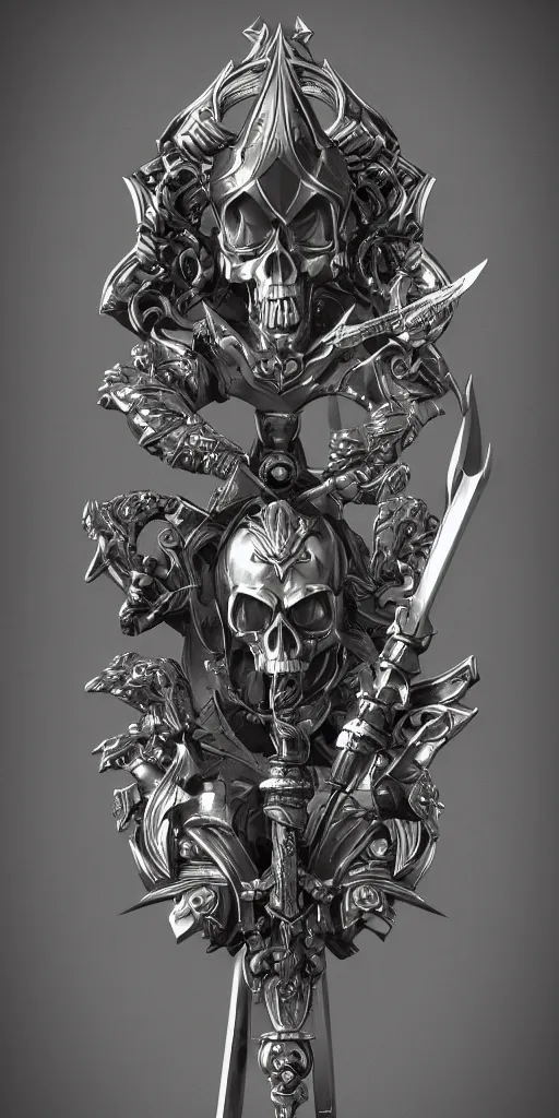 Image similar to a black and silver sword skull crest, ornament, weapon, a 3 d render by dom qwek, front side, concept art, trending on polycount, artstation, hard surface modeling, rendered in maya, zbrush, hd, vray, blizzard, symmetry