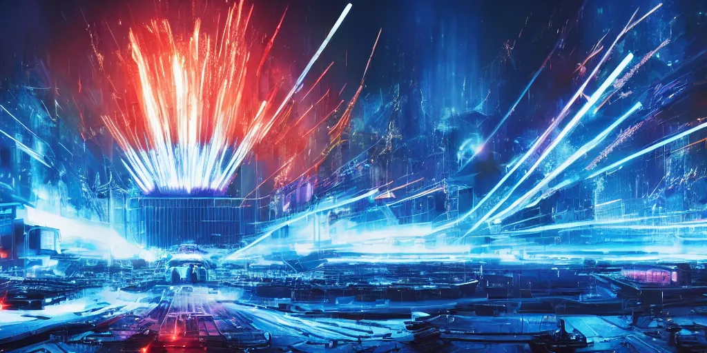 Prompt: A huge electrical generator with blue sparks flying off in a technological megastructure in the style of Bladerunner 2049