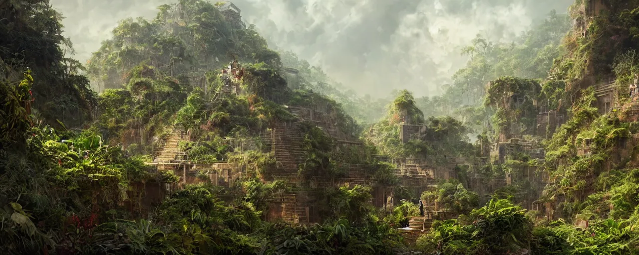 Prompt: beautiful!!!!!!!!!!!! garden at the top of a babylonian ziggurat, eden, jungle, greg rutkowski, chris tulloch mccabe, valentina remenar, asher duran, digital art, concept art, trending on artstation, highly detailed