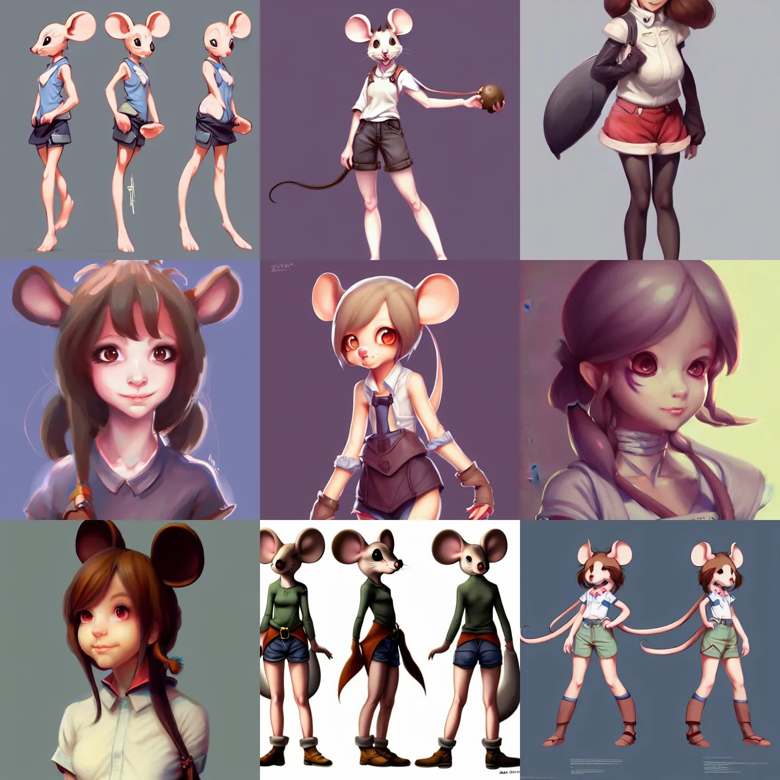 Prompt: anthropomorphic half - mouse cute girl, concept art, character turnaround, anime art, by a - 1 picture, trending on artstation, by glen cushart, artgerm, ross tran