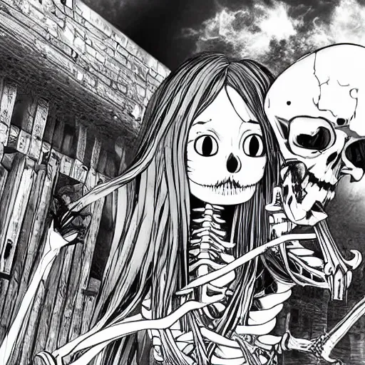 Prompt: a female necromancer and her skeleton friend, from a slice of life anime ; anime key visual by junji ito. tv anime series, kyoto animation.