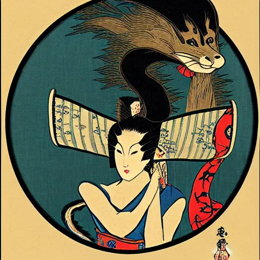 Prompt: fox woman dragon ukiyo - e style,