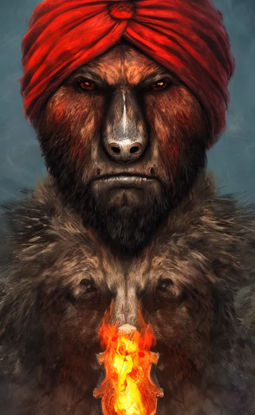 Image similar to Portrait of a bear beast-man wearing a turban with fire in his eyes wear, bloodborne concept art, trending on Artstation, photorealistic image, 8k.