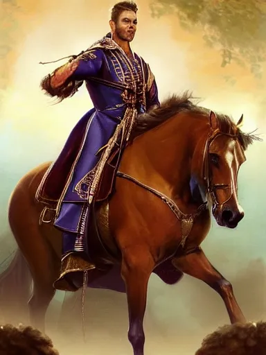 Prompt: a handsome man weaing a silk robe, happy and disarmed, laurels of glory, returns to home triunphantly mounted in a horse. full of pride. victorirous. prideful.. intricate, elegant, highly detailed, digital painting, artstation, concept art, sharp focus, illustration, by justin gerard and artgerm, 8 k