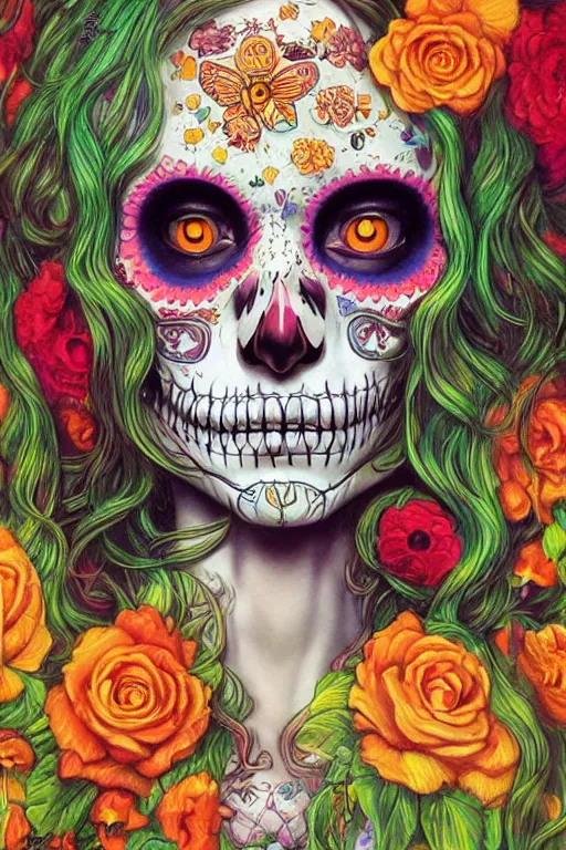 Prompt: realistic detailed psychedelic poster art of a cute Día de los Muertos girl by Victor Moscoso Rick Griffin Ayami Kojima Amano Charlie Bowater, masterpiece